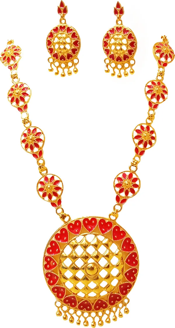 Assamese_Traditional_Gold_Plated_Red_Colour_Japi_Chain_Jewellery_Set_For_Women_&_Girls